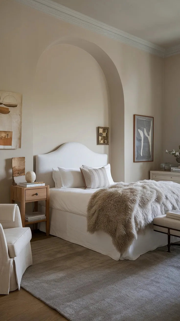 This cozy classic bedroom features neutral decor with a white bed, fluffy grey blanket, and inviting artwork, creating the perfect sleepy retreat.