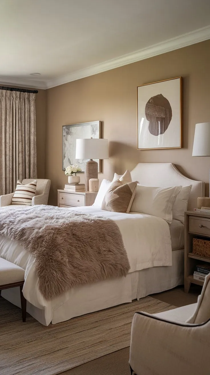 The neutral bedroom decor showcases a white bed and warm lighting, making this master bed a cozy retreat for relaxation.