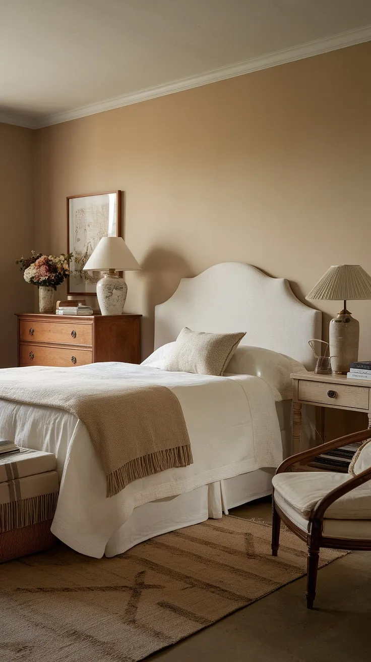 This cozy classic primary bedroom features neutral decor with a white bed, warm lighting, and inviting touches that create a perfect sleepy retreat.