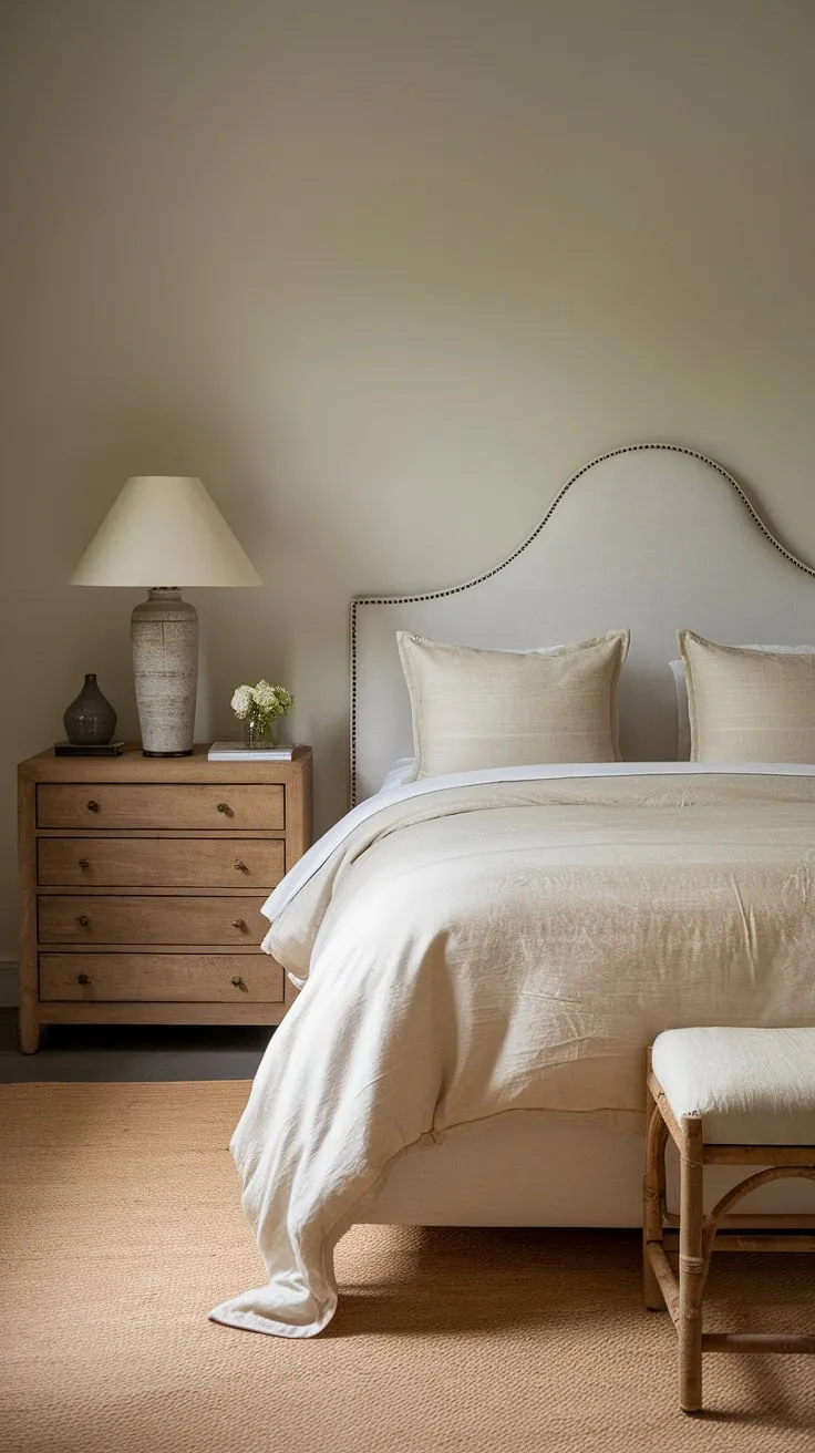 This cozy classic bedroom features neutral decor with a white bed, beige duvet, and light gray walls, creating a perfect sleepy retreat.
