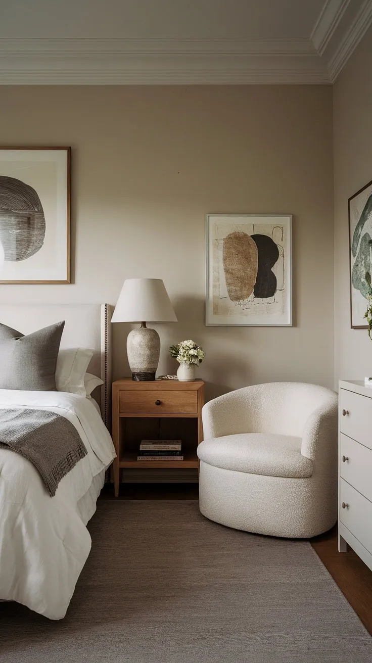 This cozy classic primary bedroom features neutral decor with a white bed, gray accents, and soft lighting, creating the perfect sleepy retreat.