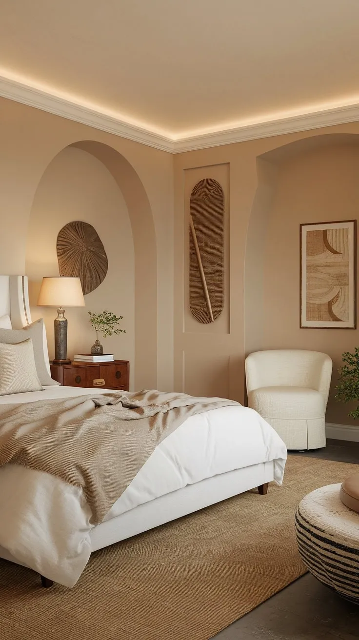 The master bed is surrounded by soft beige tones and inviting decor, making it an ideal neutral bedroom for relaxation.