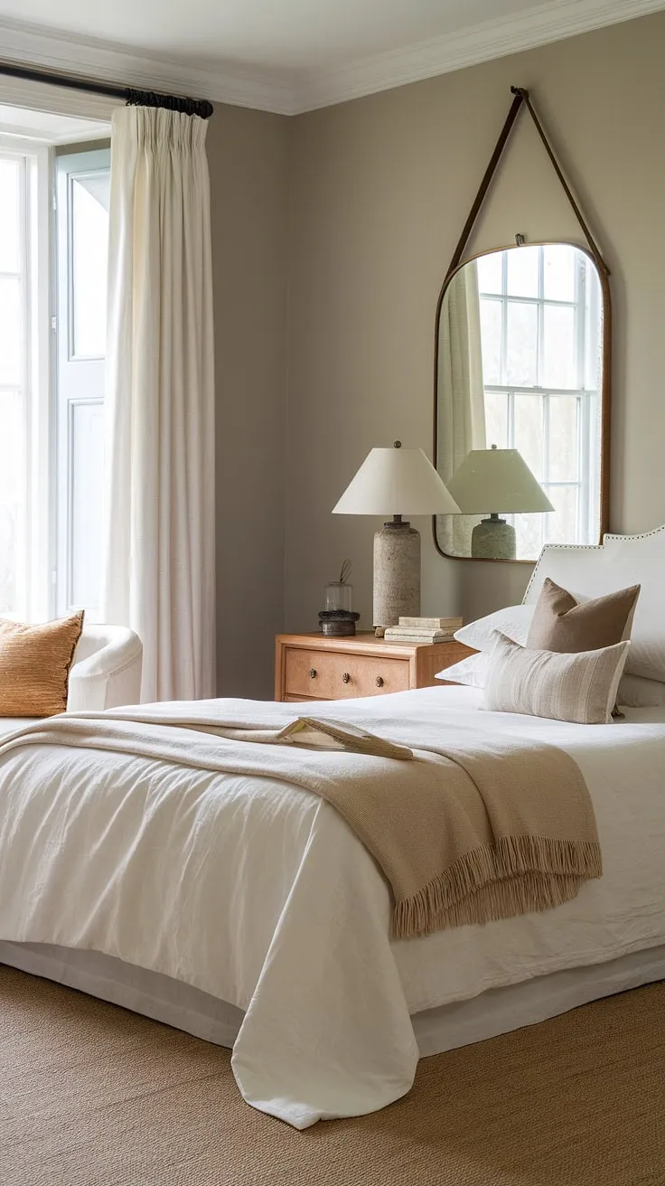 This cozy classic bedroom showcases neutral decor with a white bed, beige accents, and soft gray walls, creating a perfect sleepy retreat for a master bed.