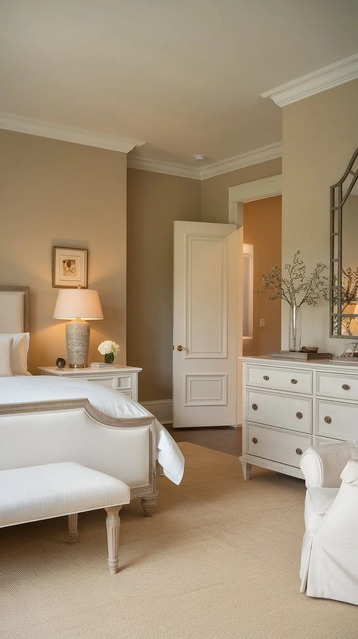 The master bed is complemented by a neutral color scheme and cozy decor, making this classic bedroom an inviting sanctuary.
