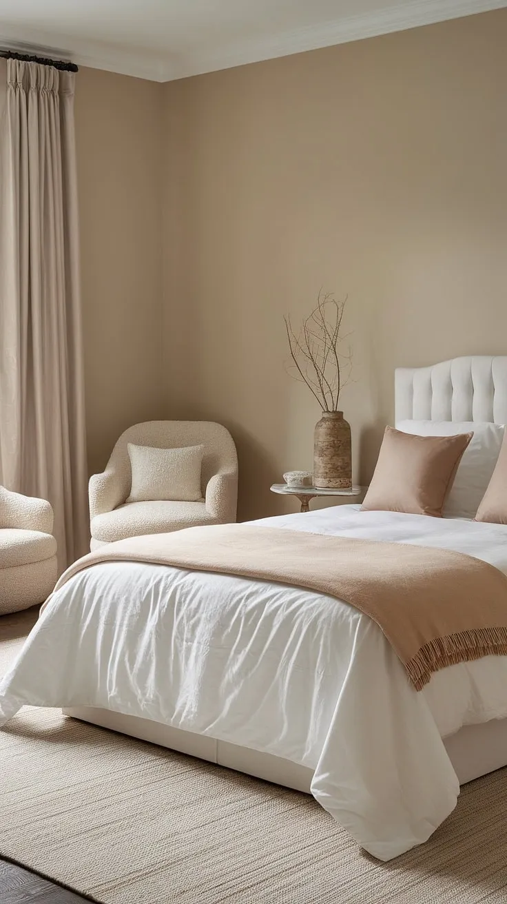 This cozy classic neutral bedroom features a white bed adorned with a beige blanket and pillows, complemented by a matching chair and rug for a tranquil primary bedroom decor.