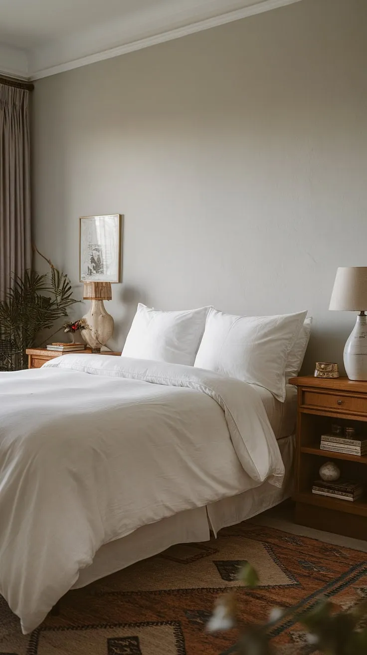 The master bed, adorned with a white duvet and surrounded by neutral bedroom decor, invites relaxation in this cozy primary bedroom.