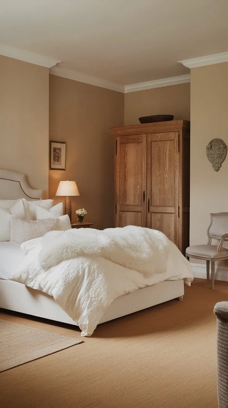 The neutral bedroom decor showcases a white bed and warm beige tones, making it an inviting and cozy space for relaxation.