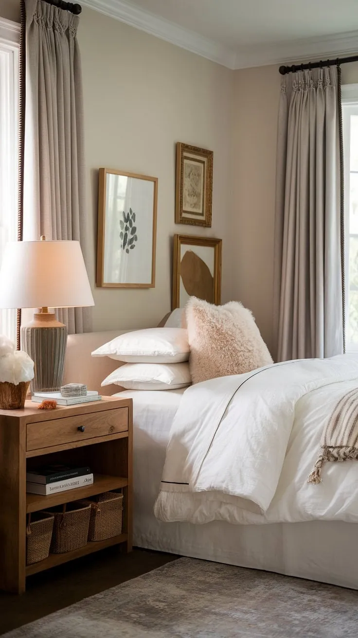 The primary bedroom showcases a neutral color scheme with a white bed and inviting decor, making it an ideal cozy haven for relaxation.