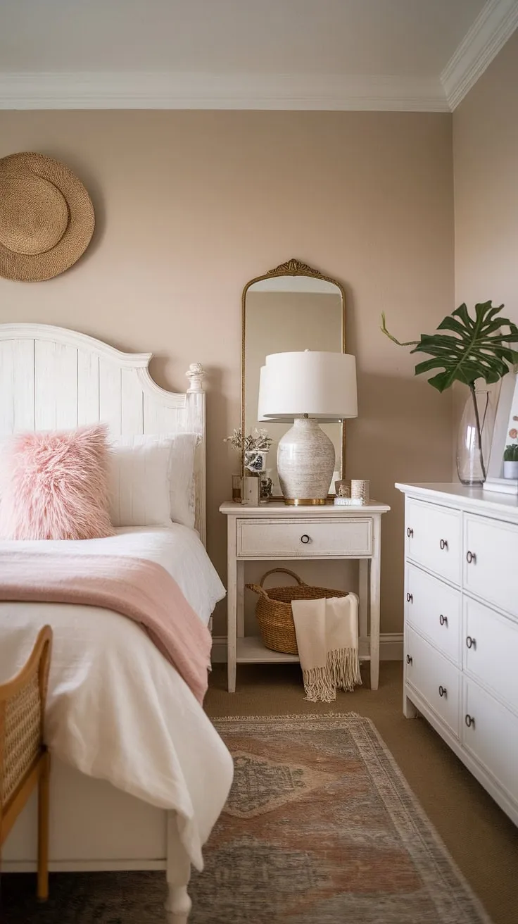 The master bed is complemented by a white wooden headboard and decorative accents, making this neutral bedroom a cozy retreat.
