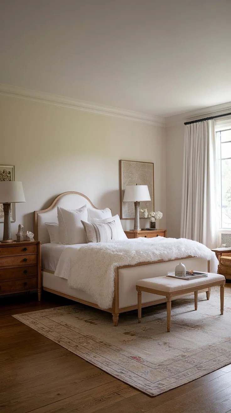 This cozy classic bedroom features neutral decor with a white bed and wooden accents, creating a perfect sleepy retreat in the primary bedroom.