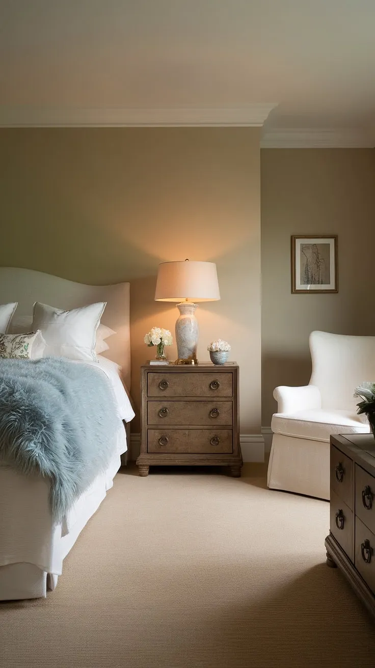 The warm beige tones and inviting furnishings in this neutral bedroom decor make the master bed a cozy haven for relaxation.