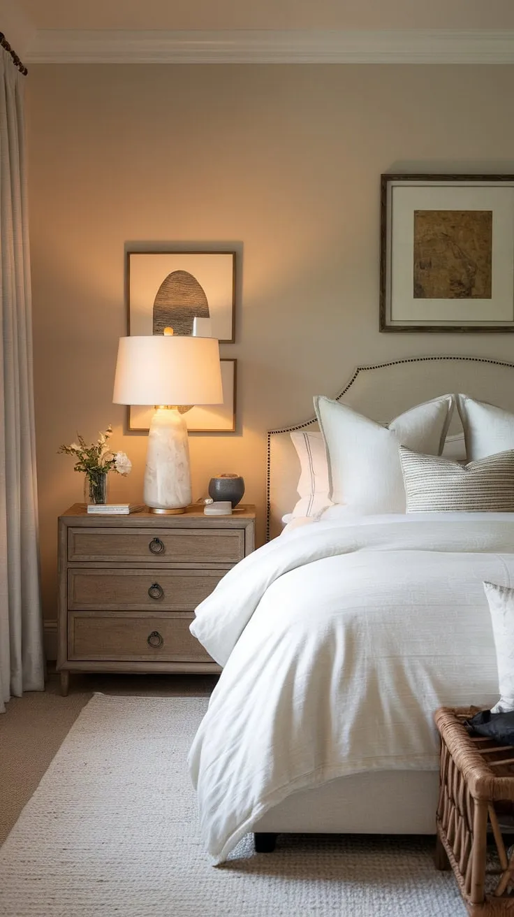 The primary bedroom showcases a white bed and soft beige walls, creating a cozy atmosphere with neutral decor and inviting warmth.