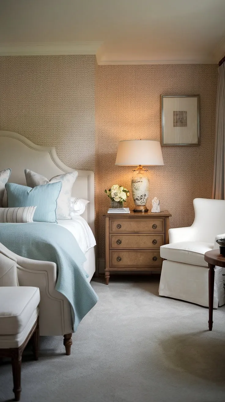 The master bed in this neutral bedroom decor, adorned with a light blue blanket and surrounded by warm tones, creates a sleepy and inviting atmosphere.