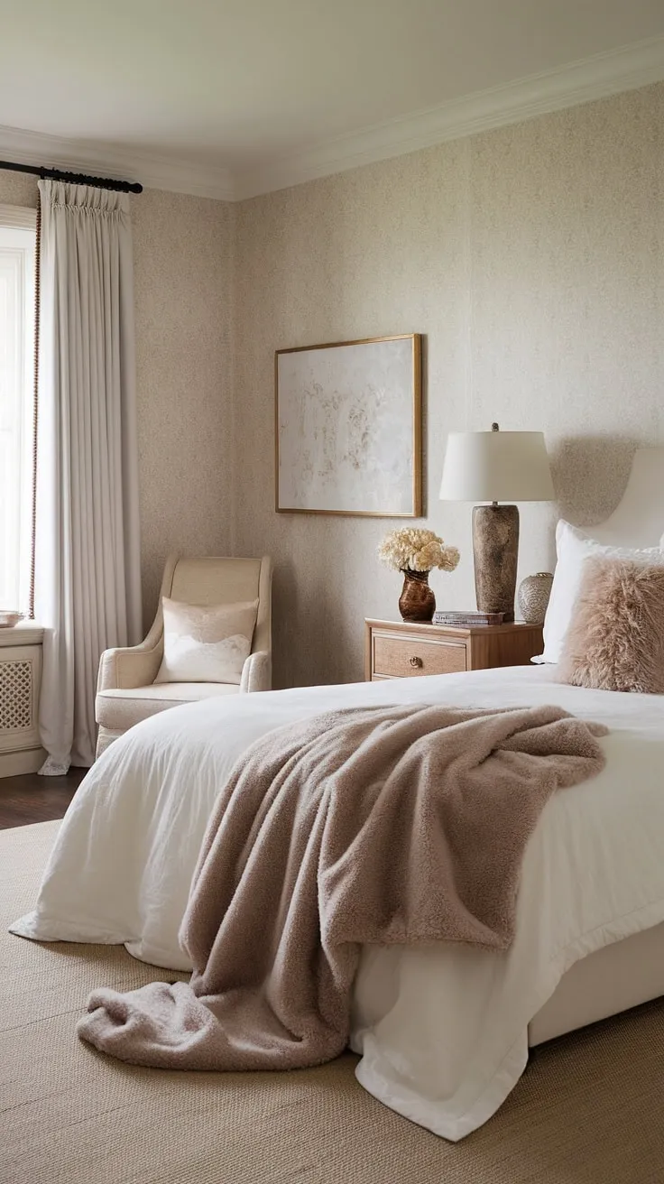 The master bed is adorned with soft textures and a neutral color palette, making this bedroom decor cozy and inviting for restful nights.