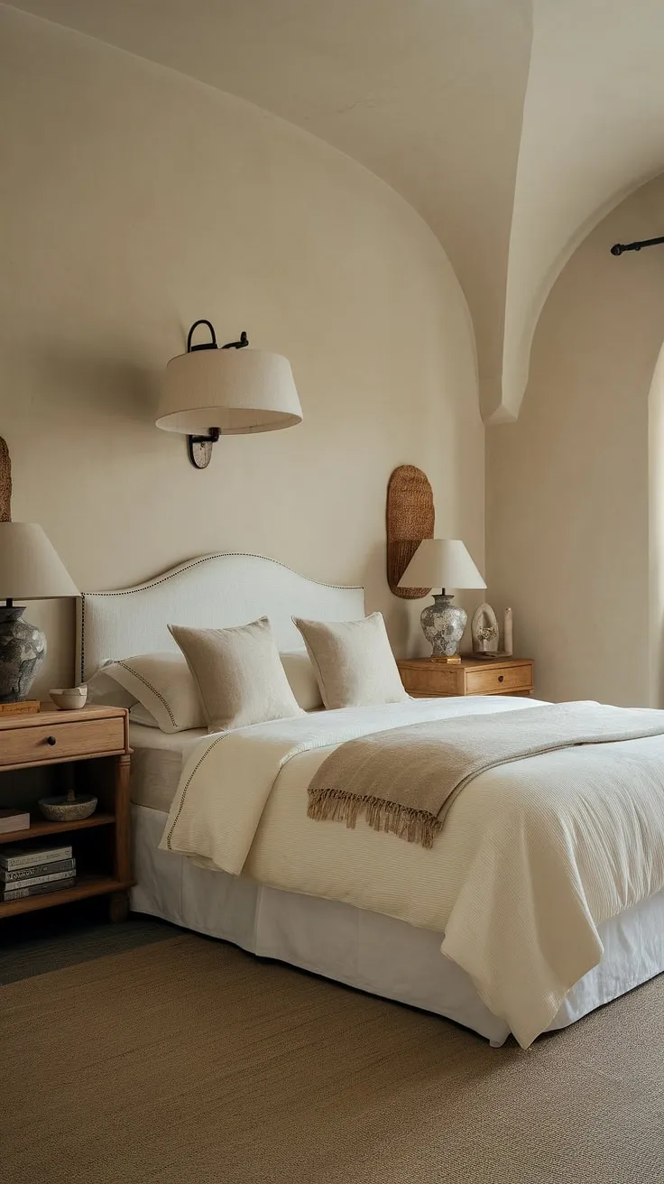 This cozy classic bedroom features neutral decor with a white bed and beige accents, creating a sleepy ambiance perfect for a primary bedroom.