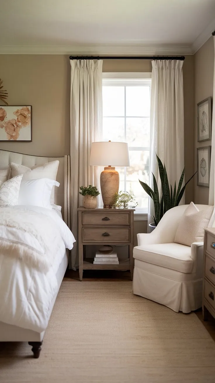 This cozy classic primary bedroom features neutral decor with a white bed, fluffy duvet, and warm wooden accents, creating a perfect sleepy retreat.