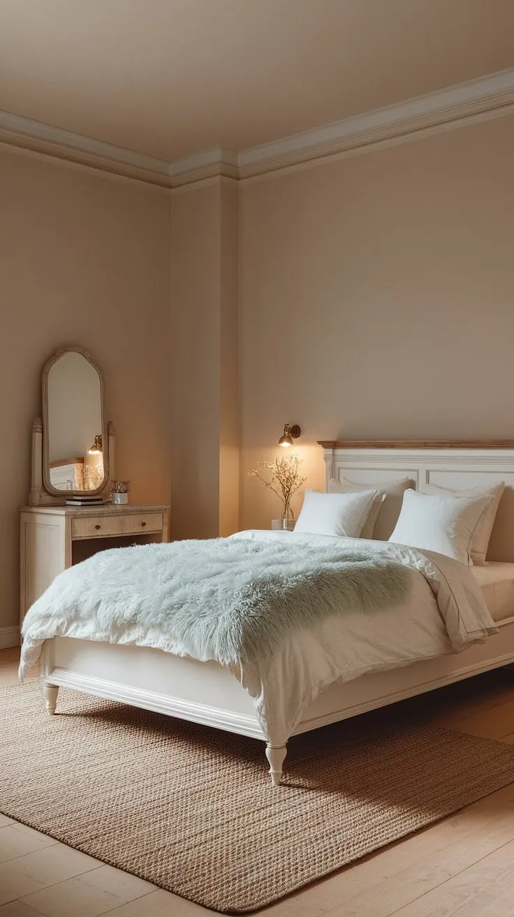 The master bed in this neutral bedroom decor, complemented by soft lighting and a woven rug, offers a cozy haven for relaxation.