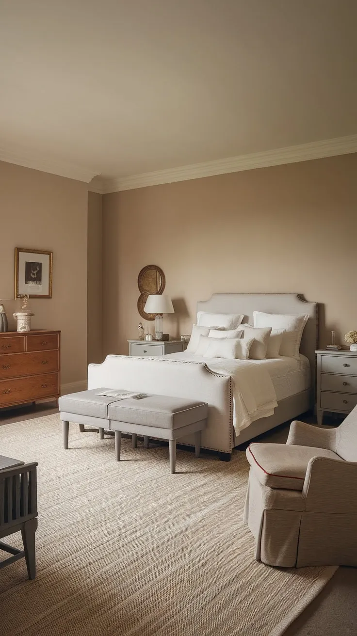 This cozy classic bedroom features neutral decor with a white bed, grey accents, and a warm ambiance, making it the perfect primary bedroom for relaxation.