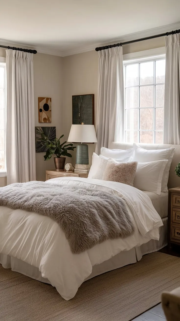 Featuring a neutral color palette, this cozy bedroom decor highlights a white bed and inviting elements that create a tranquil, sleepy retreat.