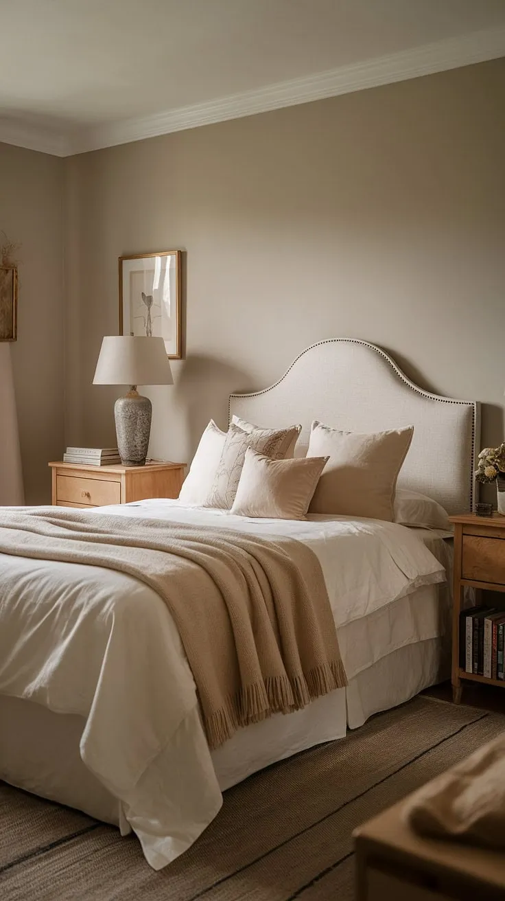 This cozy classic primary bedroom features neutral decor with a white bed, beige blanket, and warm lighting, creating the perfect sleepy retreat.