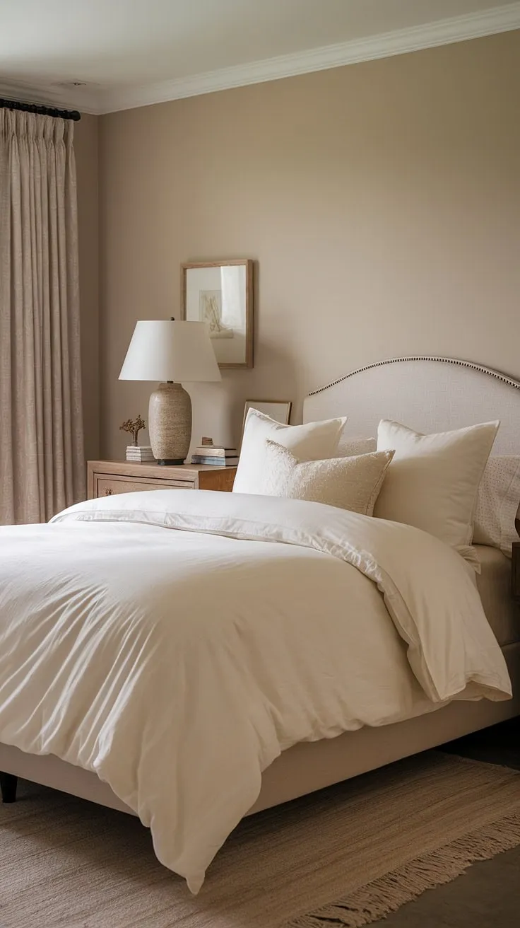 This neutral bedroom decor features a cozy classic vibe with a white bed, fluffy duvet, and soft beige walls, creating a sleepy ambiance perfect for a primary bedroom.