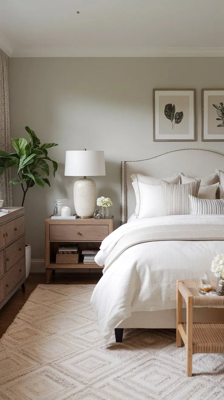 This cozy classic neutral bedroom features a white master bed, light grey walls, and warm decor elements that create a sleepy ambiance.