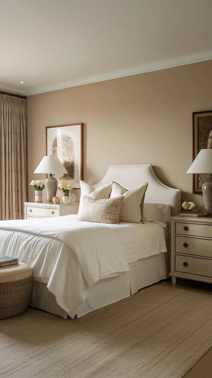 The master bed is surrounded by soft lighting and neutral bedroom decor, making this cozy classic bedroom an inviting haven for relaxation.