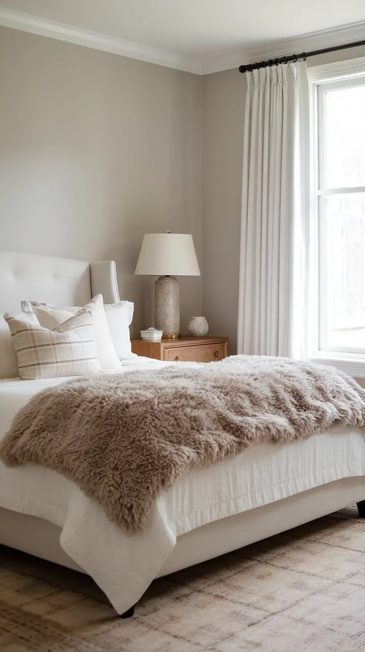 This neutral bedroom decor features a cozy classic design with a white bed, fluffy grey blanket, and soft pillows, creating a sleepy ambiance perfect for a primary bedroom.