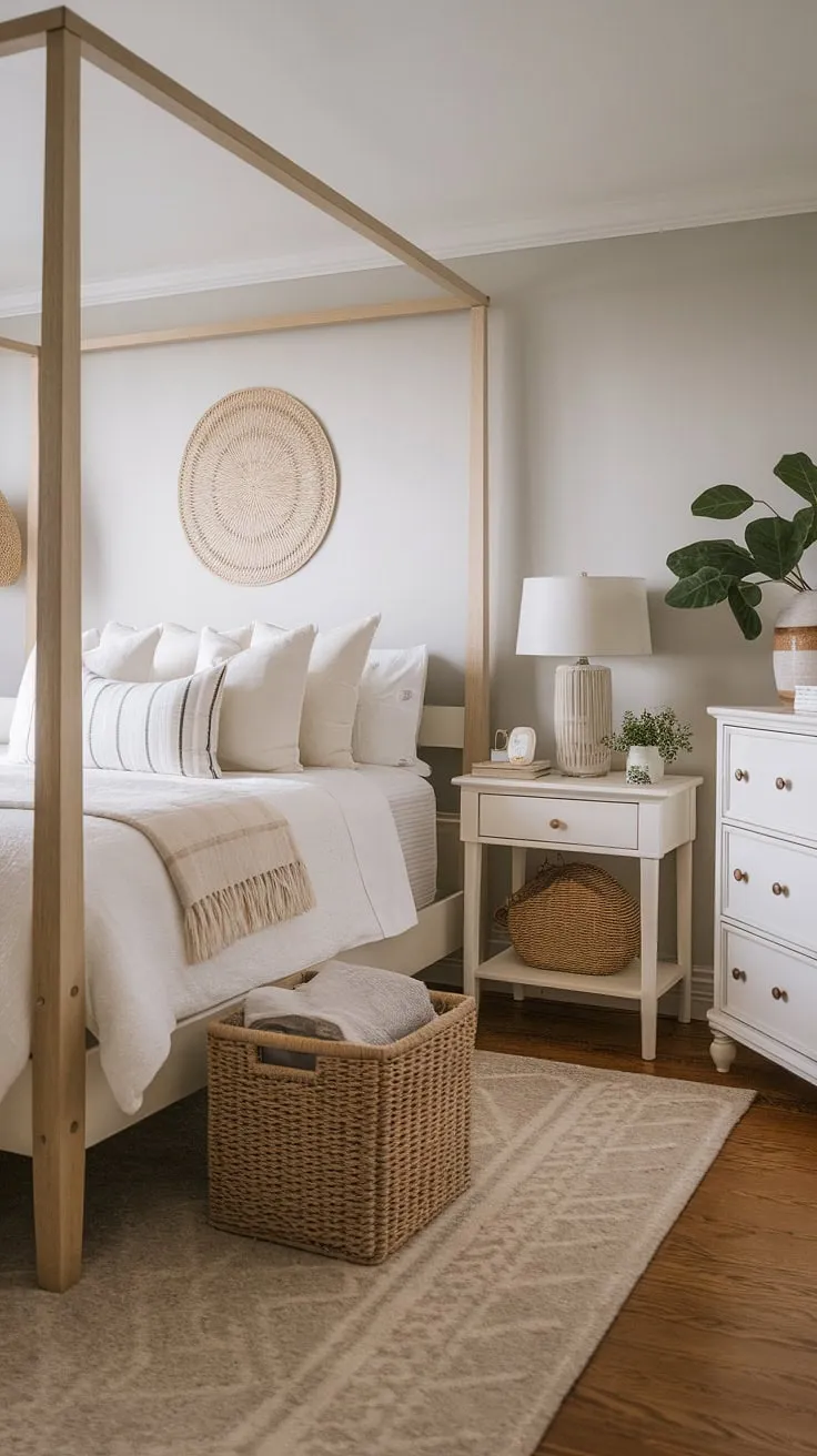 This cozy classic bedroom showcases neutral decor with a white bed and light gray walls, creating a perfect sleepy retreat for the primary bedroom.