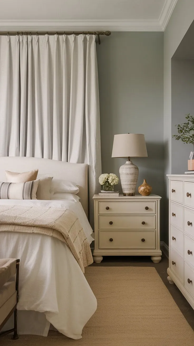 The neutral bedroom decor showcases a white bed adorned with a beige blanket and pillows, complemented by light blue walls for a cozy primary bedroom atmosphere.