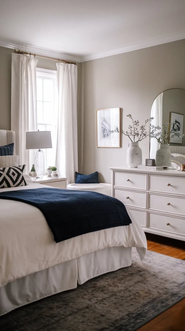 The master bed is adorned with a navy blanket in this neutral bedroom decor, complemented by a white dresser and soft grey walls for a cozy atmosphere.