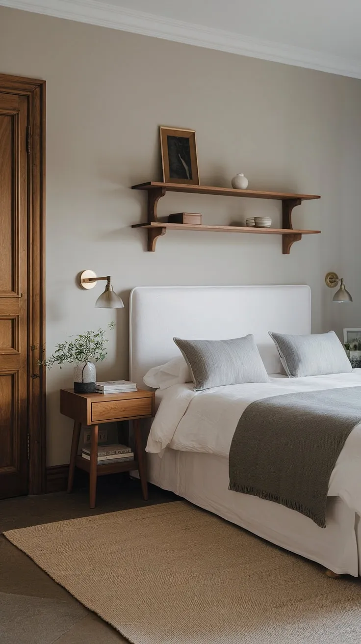 The master bed is adorned with a gray blanket and pillows, while the light gray walls and wooden accents enhance the neutral bedroom decor for a cozy atmosphere.