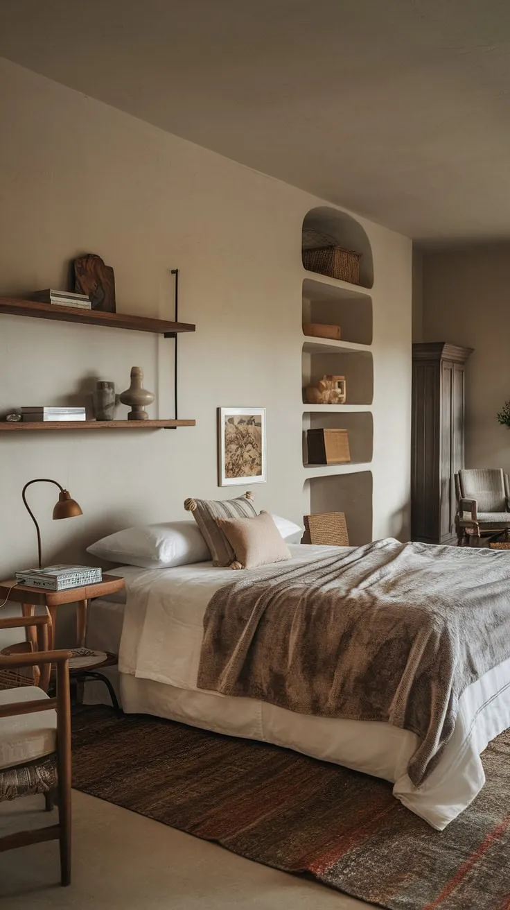 This cozy classic bedroom features neutral decor with a white bed, plush grey blanket, and warm lighting, creating the perfect sleepy retreat.