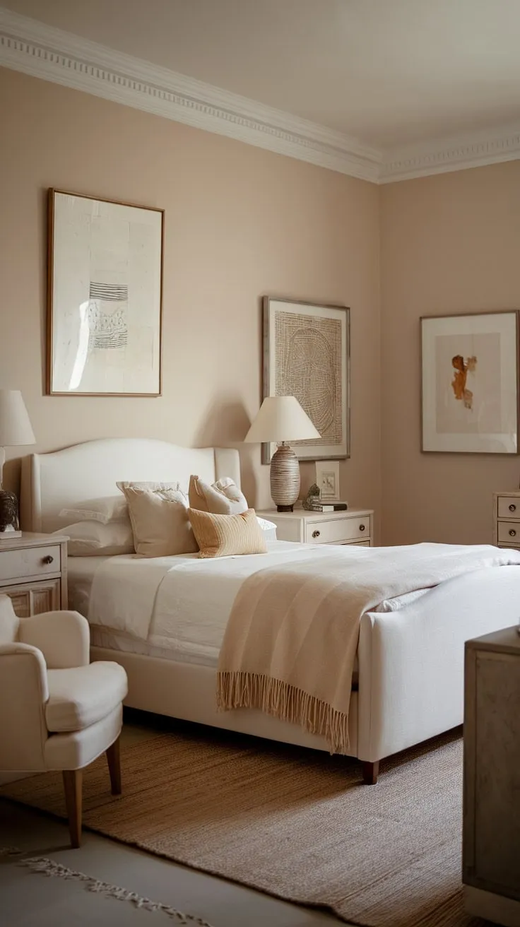This cozy classic bedroom features neutral decor with a white bed, soft beige walls, and warm lighting, creating the perfect sleepy retreat.