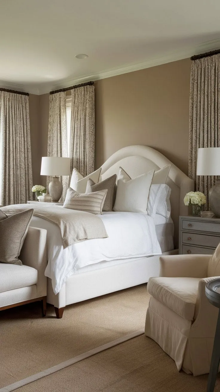 Escape to a tranquil haven of soft beige hues and crisp white bedding, where understated elegance lulls you into restful slumber.