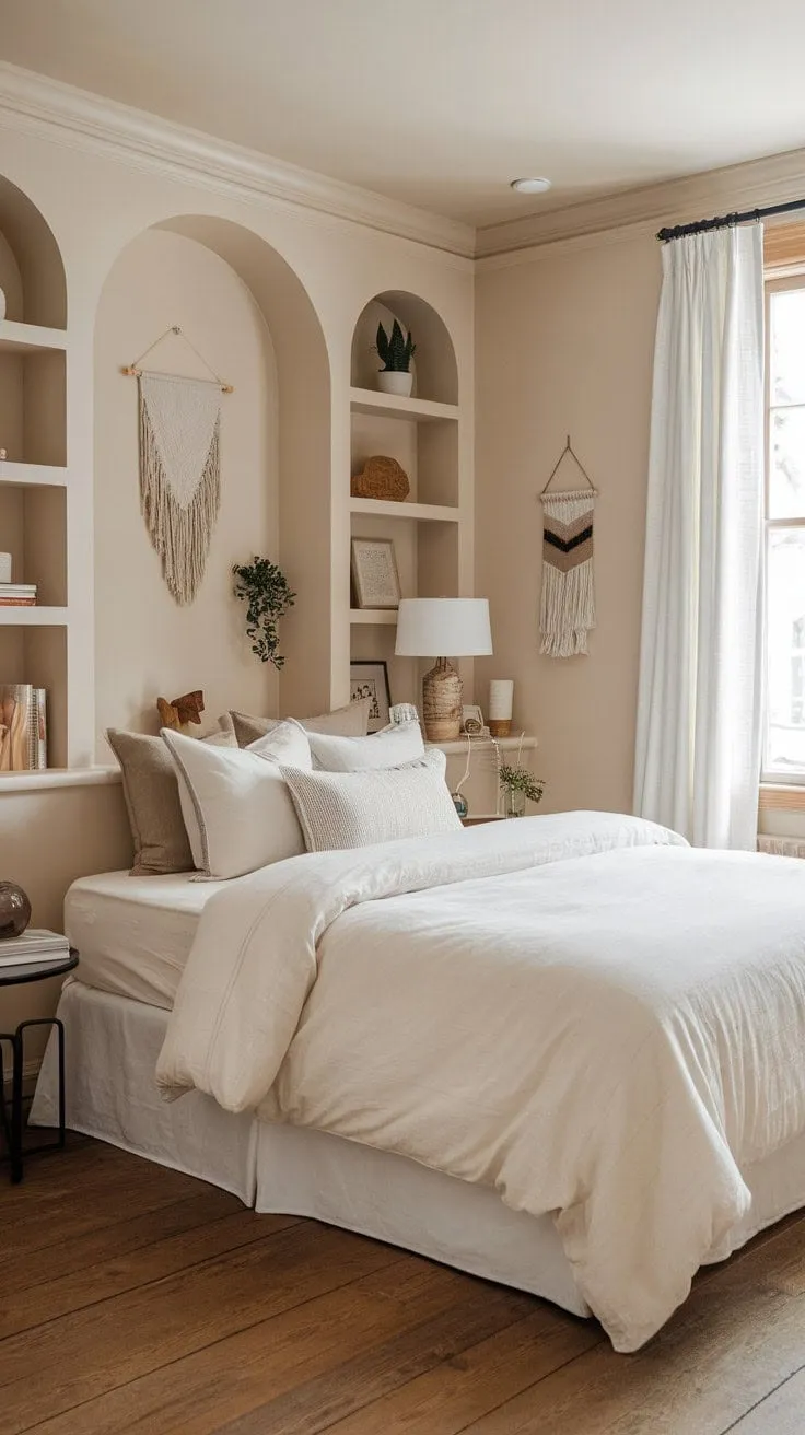 Nestled in a tranquil haven of soft beige and gentle light, this serene sanctuary invites you to drift into peaceful slumber surrounded by cherished mementos and understated elegance.