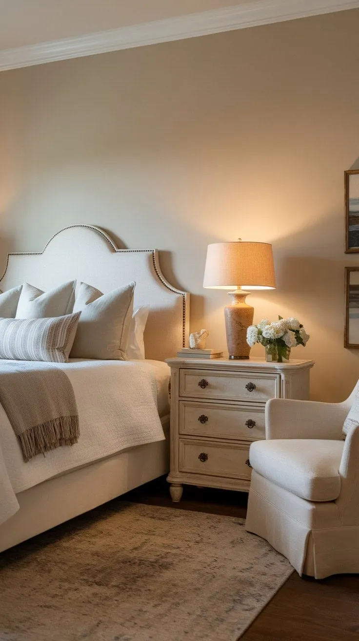 This serene bedroom design embraces simplicity with a soothing neutral palette and warm lighting, creating an oasis for restful nights and tranquil mornings.