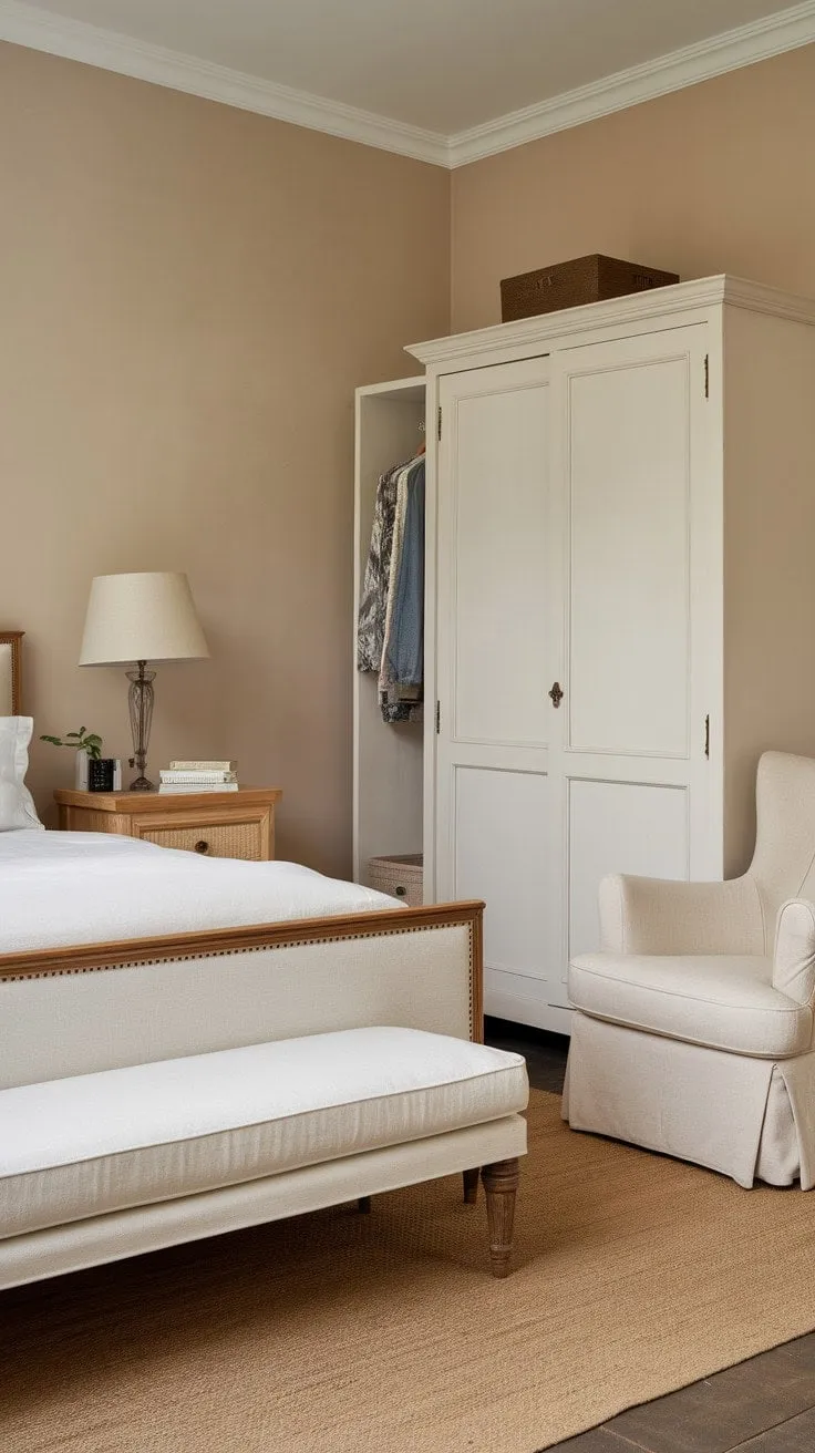 Experience ultimate relaxation in a serene sanctuary where calming neutrals and classic lines harmoniously blend to create a tranquil haven.