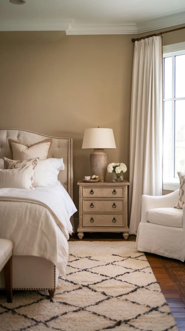 In this tranquil master bedroom, soft beige walls and a plush rug invite you to drift into peaceful slumber under the warm glow of a bedside lamp.