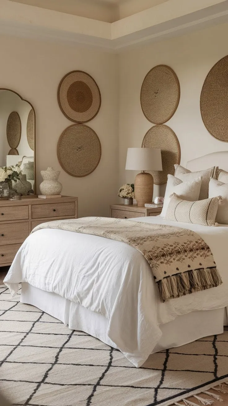 Experience tranquil slumber in a serene master bedroom adorned with soft lighting, textured wall hangings, and inviting plush accents for the ultimate restful retreat.