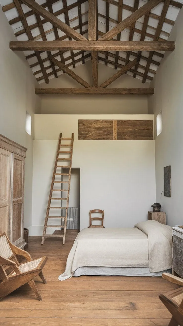 This enchanting bedroom harmoniously fuses rustic charm with modern elegance, featuring exposed beams and vintage accents alongside a soothing neutral palette and a cozy bed for a perfect retreat.