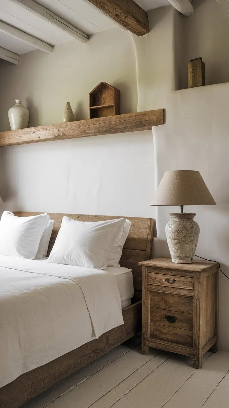 This serene bedroom, adorned with aged wood and soft textures, offers a tranquil retreat that exudes country charm and invites peaceful solitude.