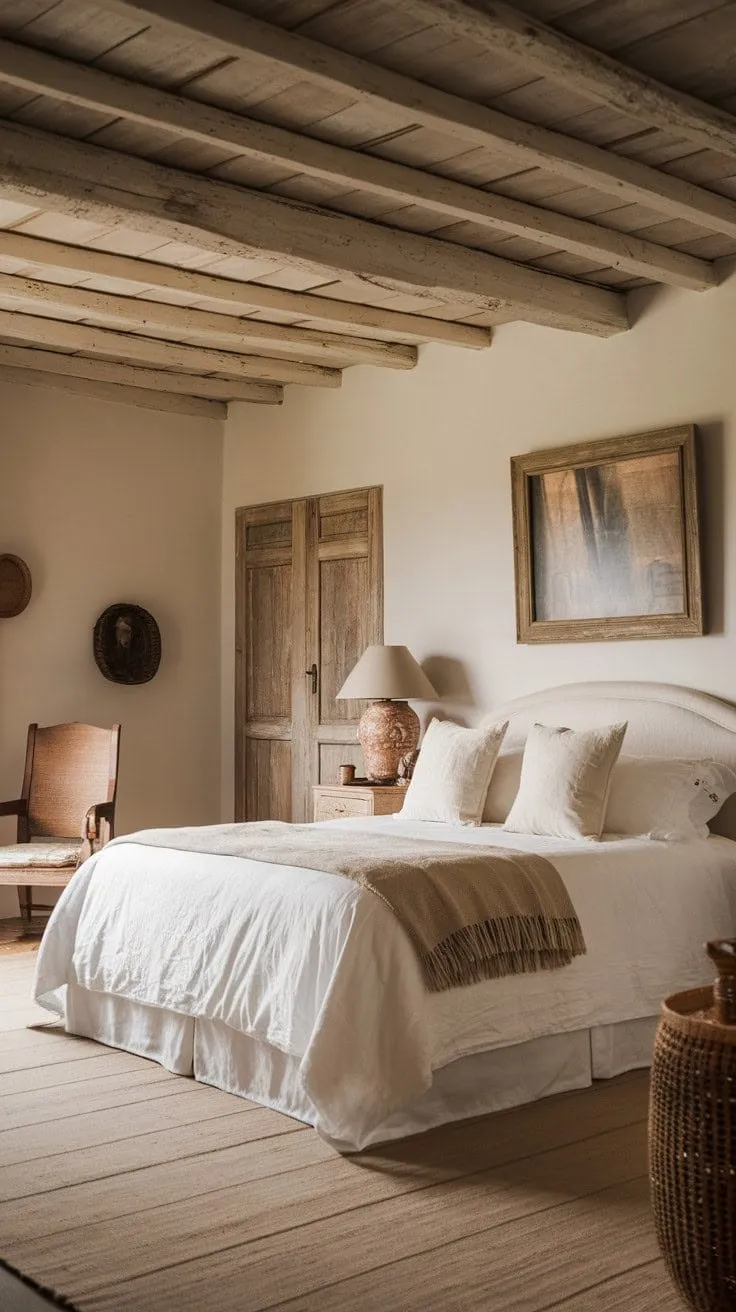 Bathed in sunlight, this rustic bedroom exudes warmth and simplicity, inviting tranquility through its charming details and cozy ambiance.