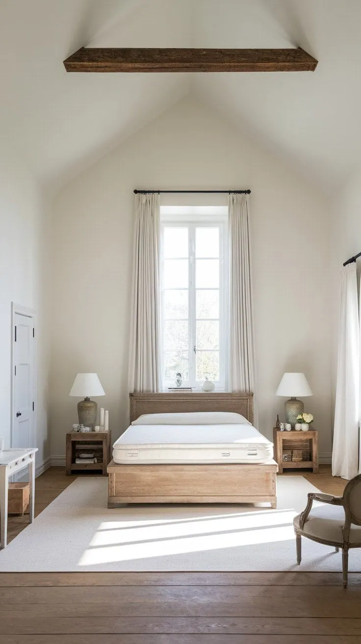 Bathed in sunlight, this serene bedroom blends rustic charm with high ceilings and a neutral palette, creating a tranquil sanctuary for restful nights.