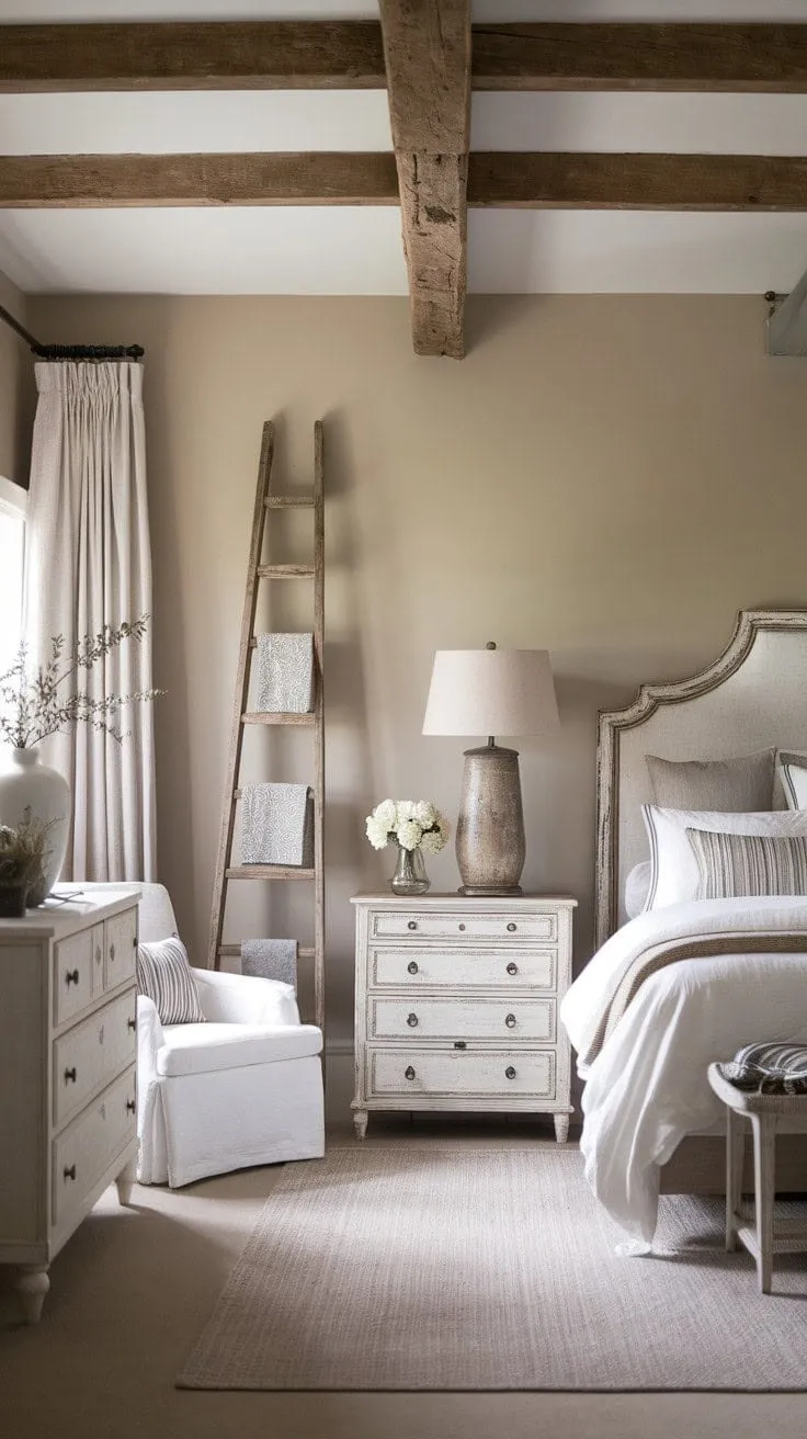 In this neutral bedroom, rustic wood beams and vintage accents harmoniously intertwine with elegant modern touches, creating a cozy yet refined retreat.