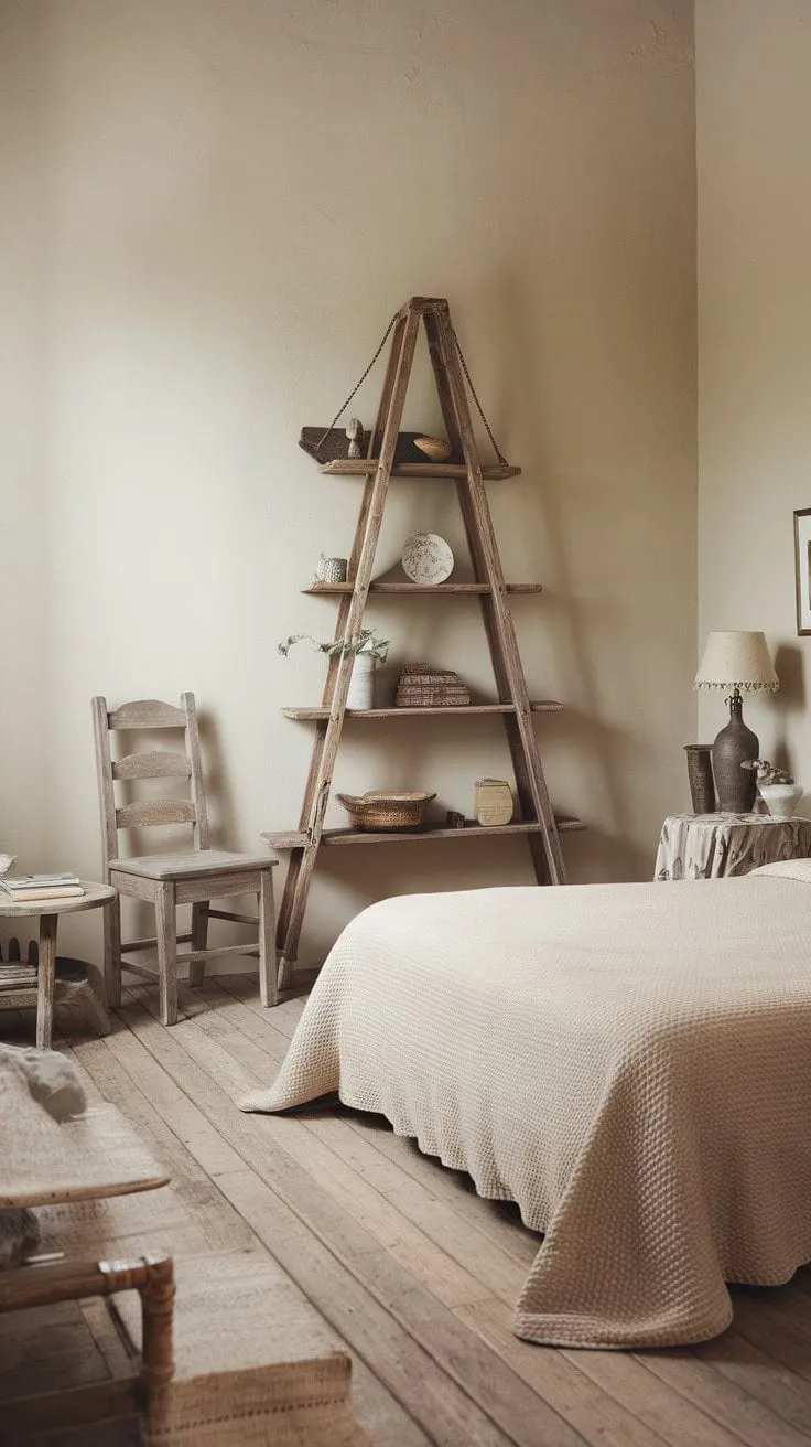 Escape to a tranquil retreat where rustic charm and modern comfort harmoniously blend, featuring a vintage ladder adorned with keepsakes against a backdrop of soft beige and a cozy queen bed.
