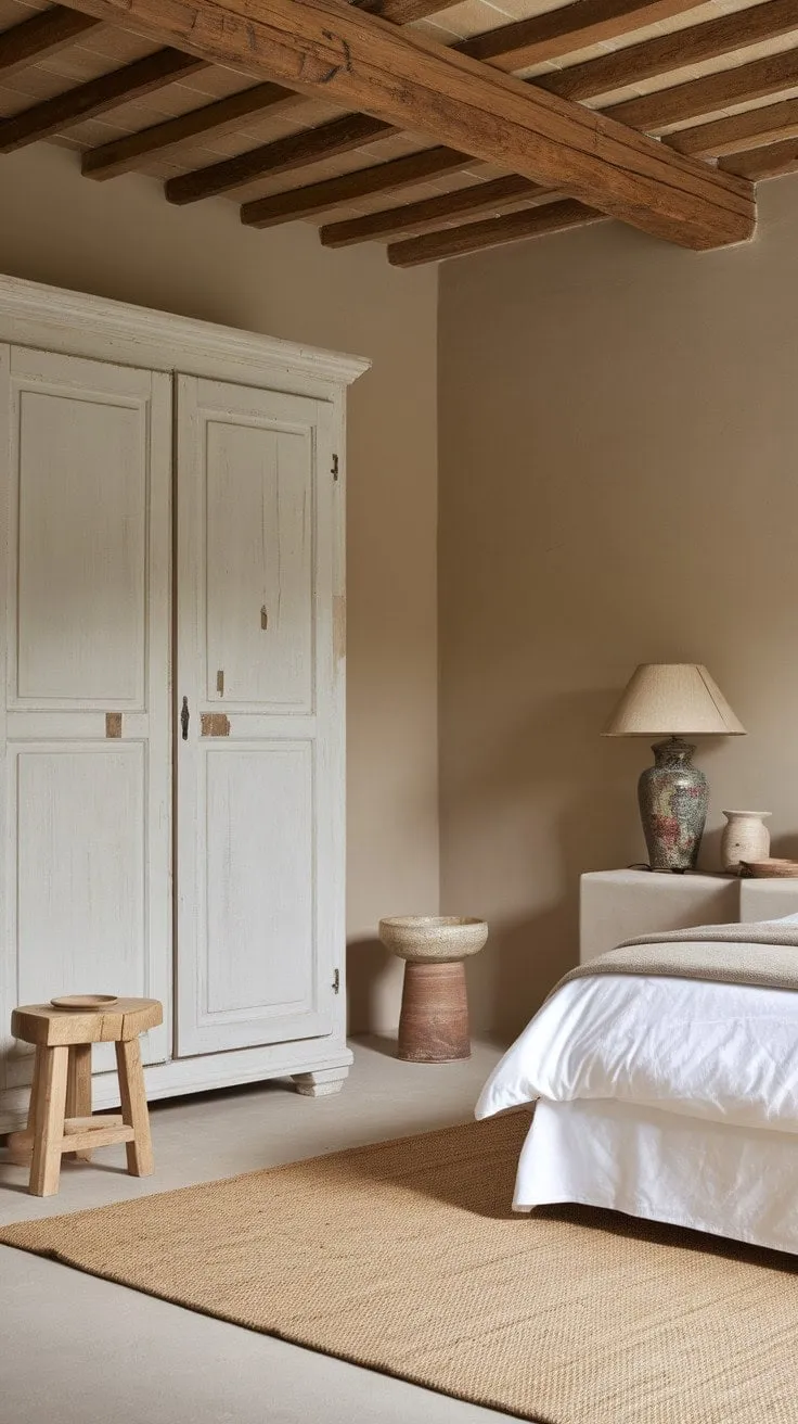 This serene neutral bedroom, adorned with aged wood and soft beige hues, exudes an inviting sophistication that invites tranquility through its charming vintage details.