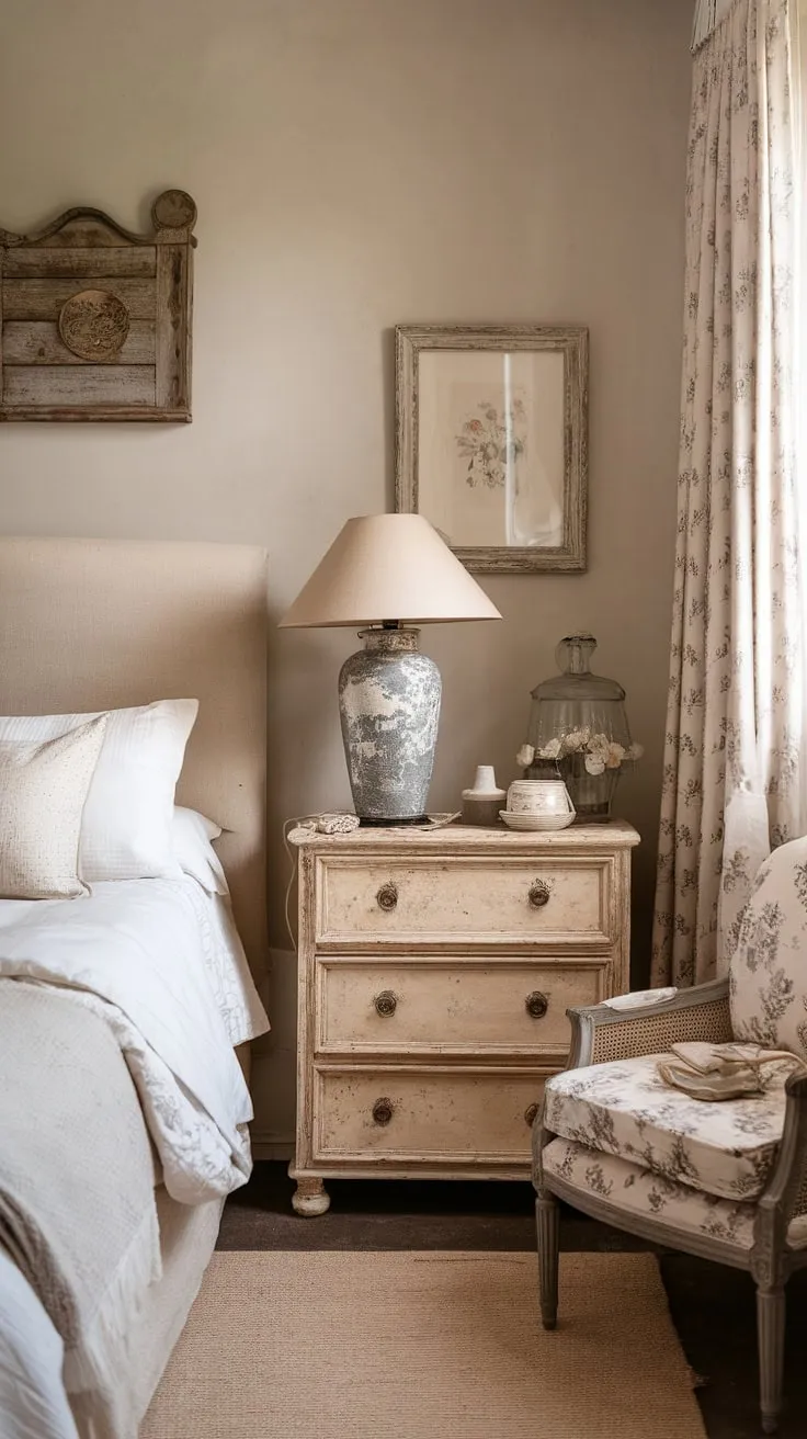 This neutral country bedroom blends rustic charm with modern country decor, featuring a French country lamp and vintage inspirations in a cozy French farmhouse apartment.
