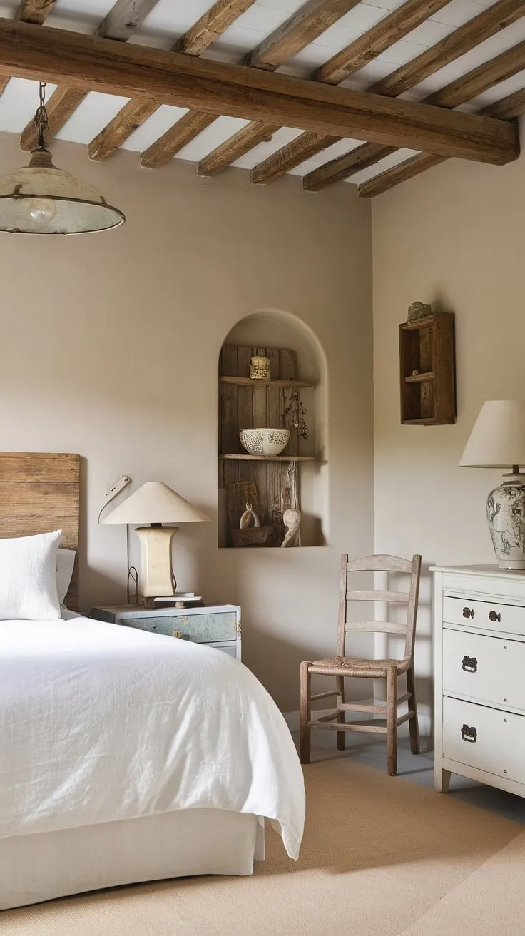This neutral country bedroom features rustic elements like a wooden beam ceiling and a vintage French country lamp, creating a charming modern country decor that reflects European cottage interiors.