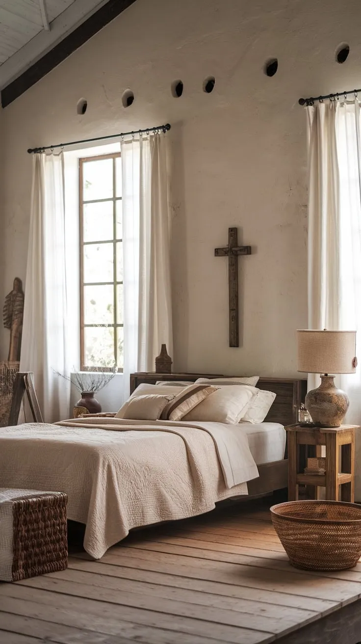 This rustic neutral bedroom showcases modern country decor with a vintage French country lamp, wooden elements, and a cozy atmosphere reminiscent of European cottage interiors.
